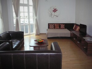 Departamento de lujo, 1 habitación, balcón | Sala de estar | Televisión 