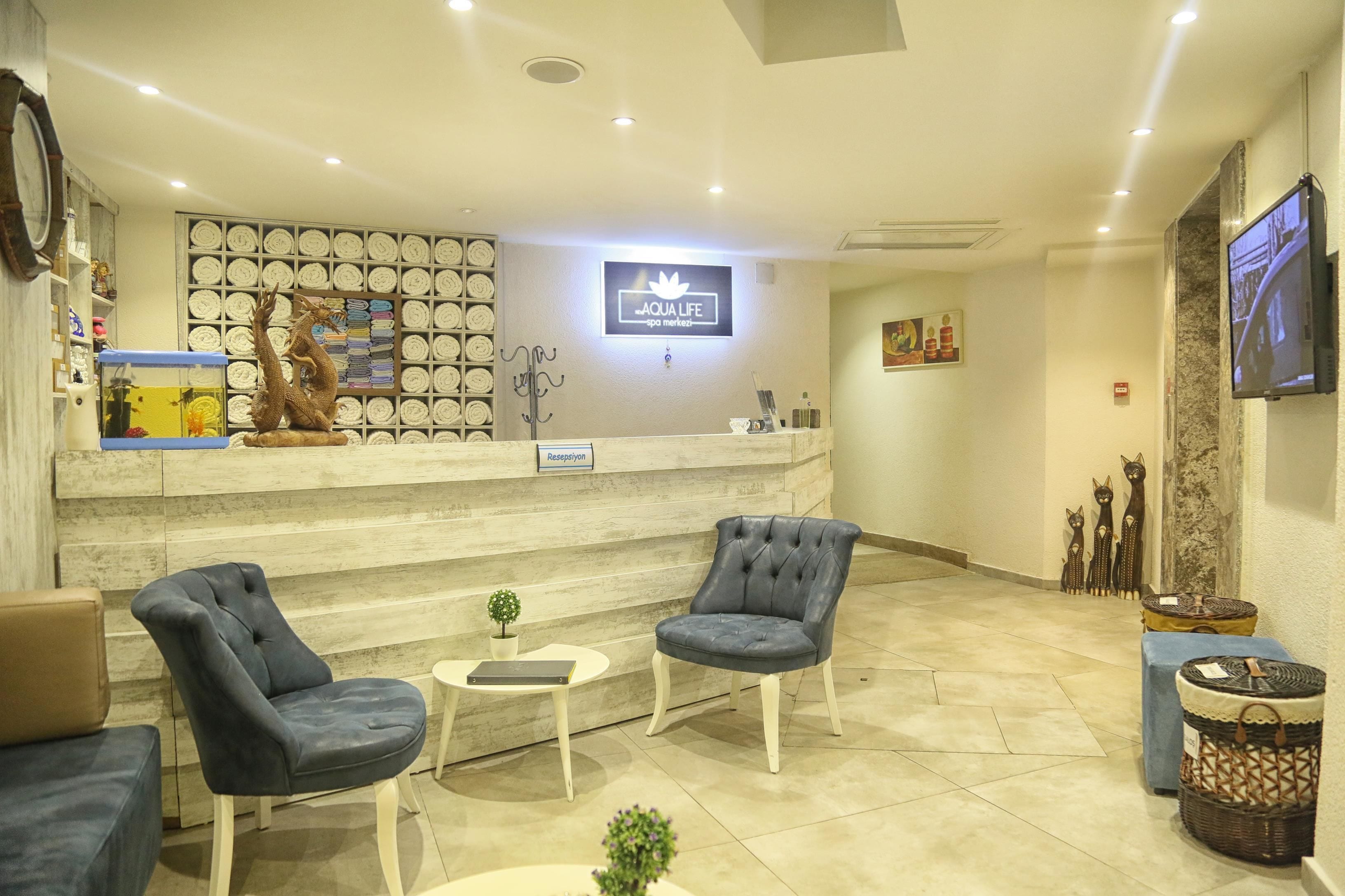 A reception area with a counter, two armchairs, a small table with a plant, and a TV mounted on the wall.