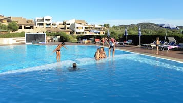 Seasonal outdoor pool, pool loungers