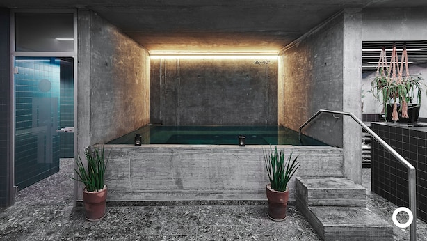 A modern indoor pool with a concrete interior, two potted plants, and a staircase leading to a higher level.