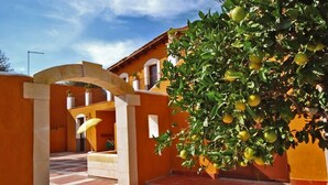 A courtyard with a yellow building, a tree with lemons, and a tiled floor. - Tenuta di Roccadia (Carlentini)