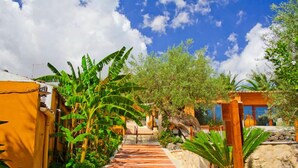 A pathway leading to a building with a wooden door, surrounded by lush greenery and a clear blue sky. - Tenuta di Roccadia (Carlentini)