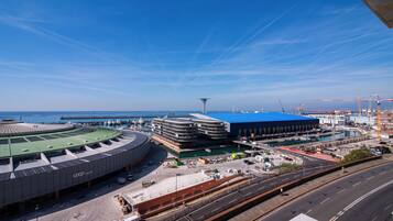 Ein Stadion mit Rasen, einem Gebäude mit blauer Dachkonstruktion und Blick auf das Wasser.