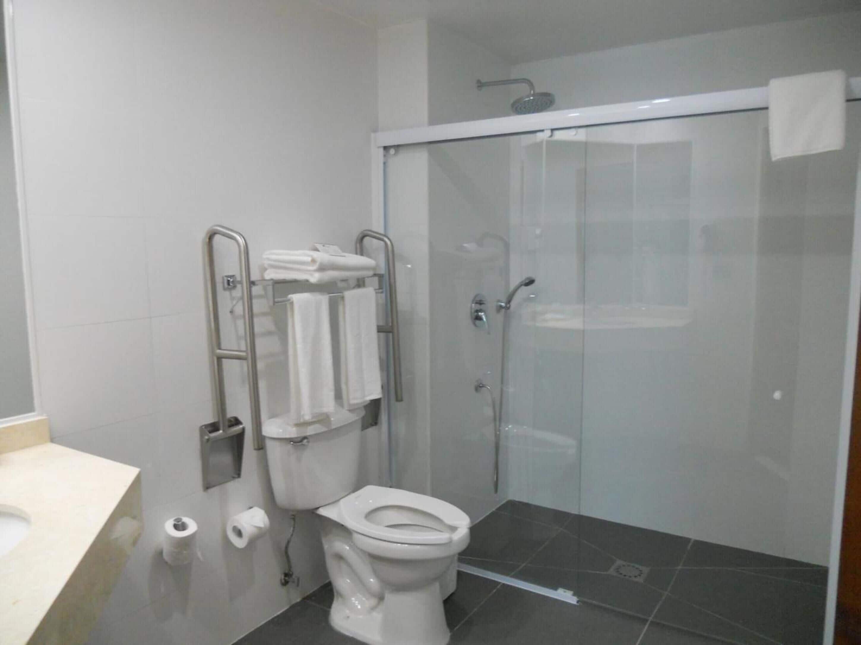 combined shower/bathtub, free toiletries, hair dryer, towels