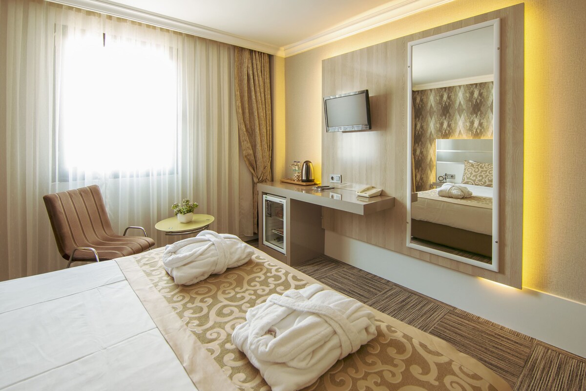 Habitación de hotel con una cama, una silla, un escritorio con teléfono, televisión y un espejo.