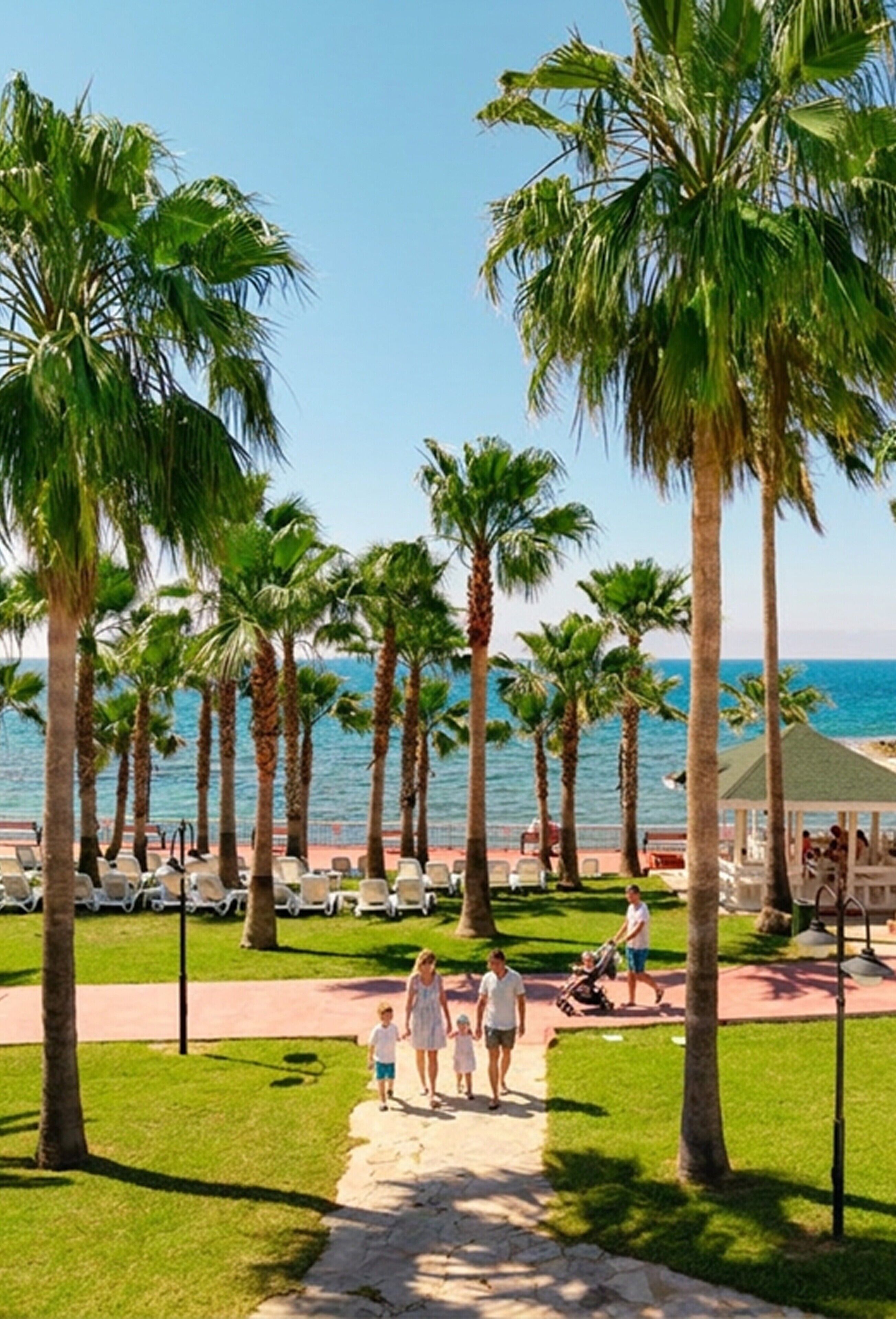 A pathway lined with palm trees leading to a beach area with lounge chairs and a gazebo.
