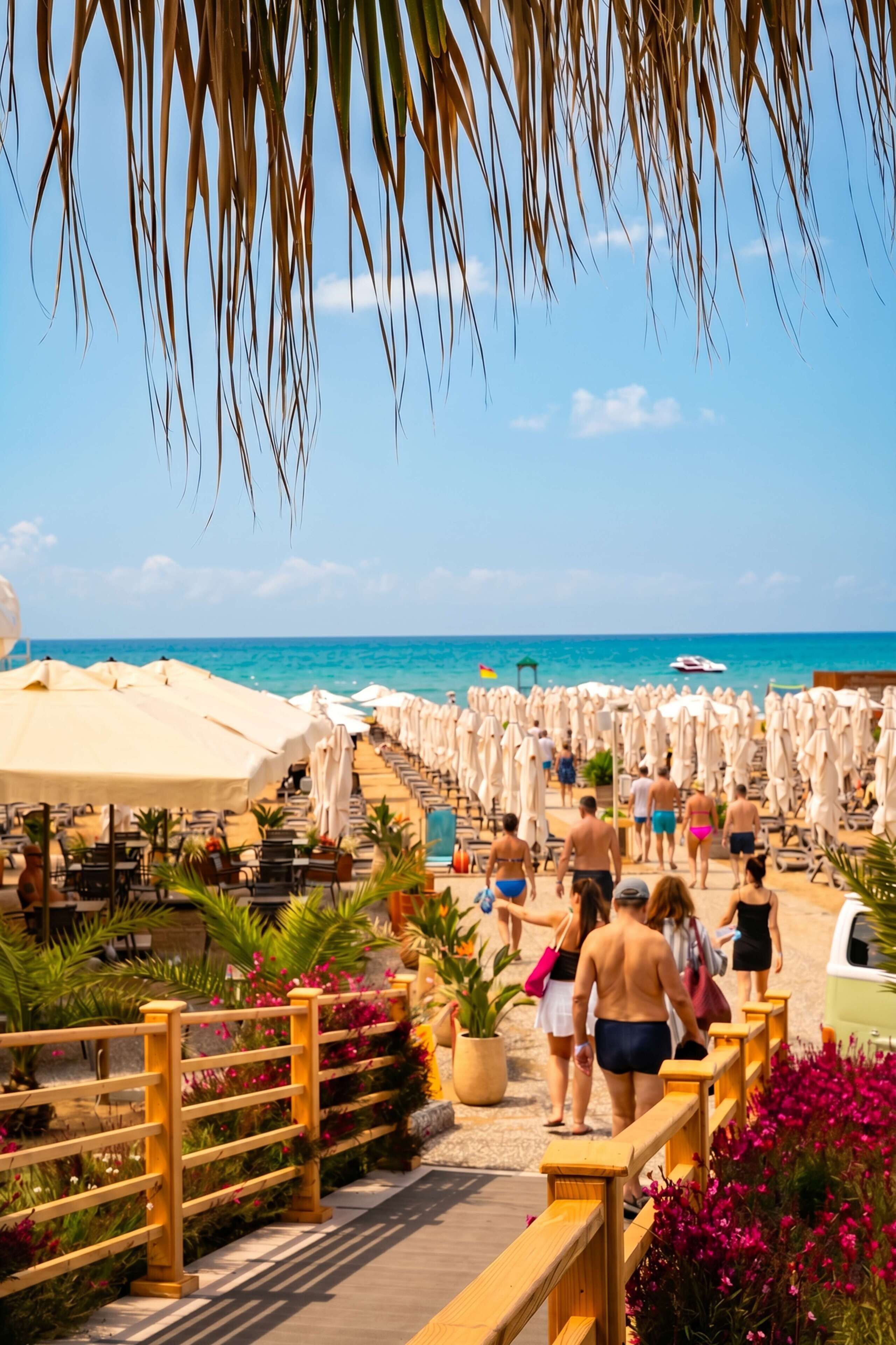 A beachside resort with rows of sun loungers and umbrellas, a wooden walkway, and a view of the ocean.