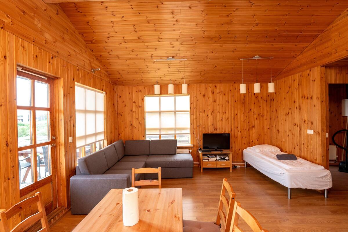 A wooden cabin interior with a sofa, a single bed, a TV, and a dining table.