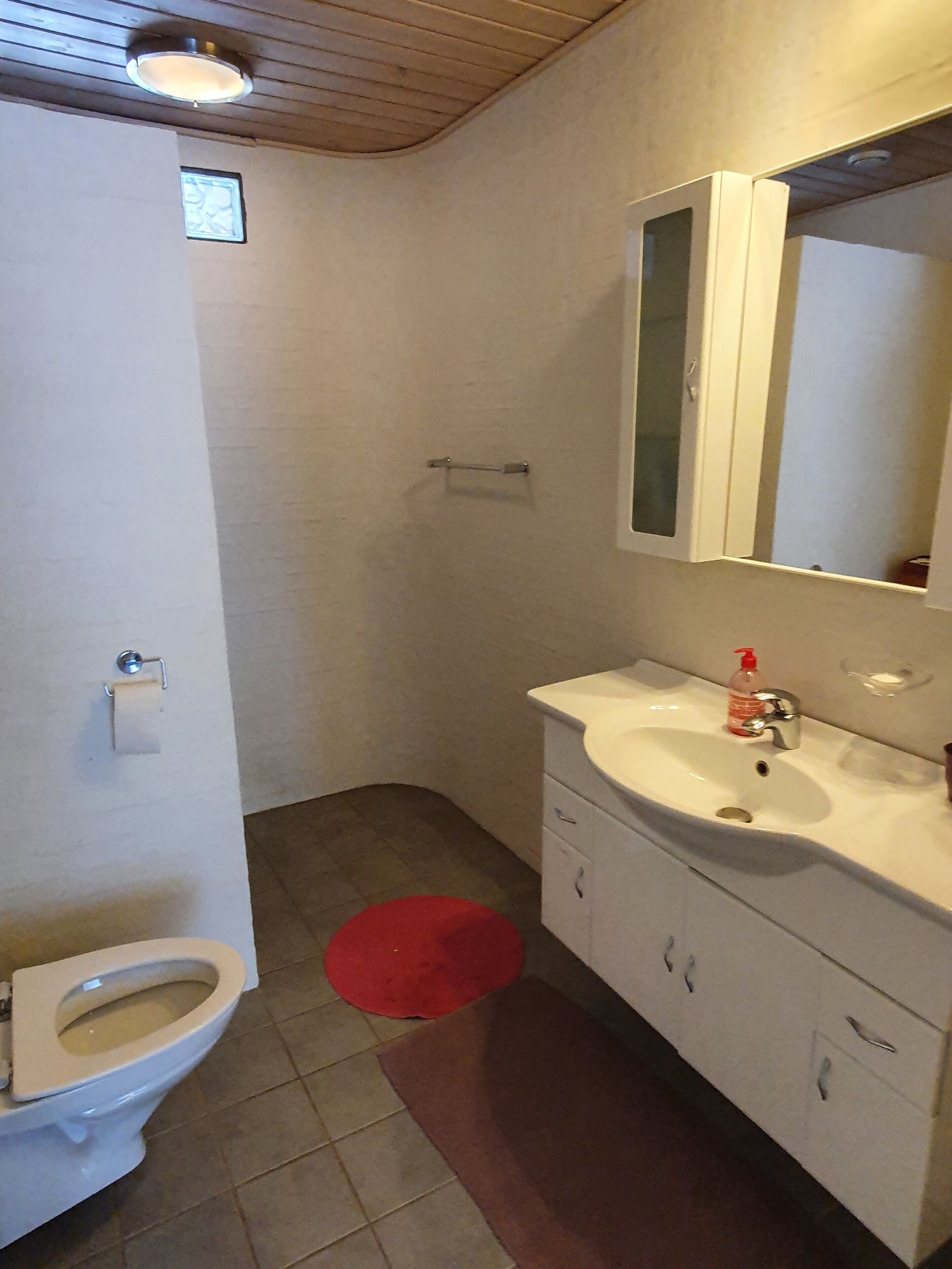 A bathroom with a toilet, sink, mirror, and red rug.