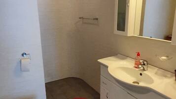 A bathroom with a toilet, sink, mirror, and red rug.