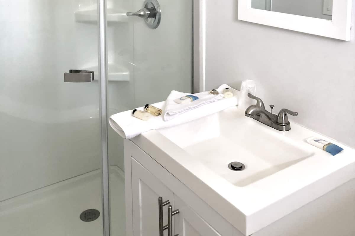A modern bathroom with a glass shower enclosure, a white sink, and a mirror above it.