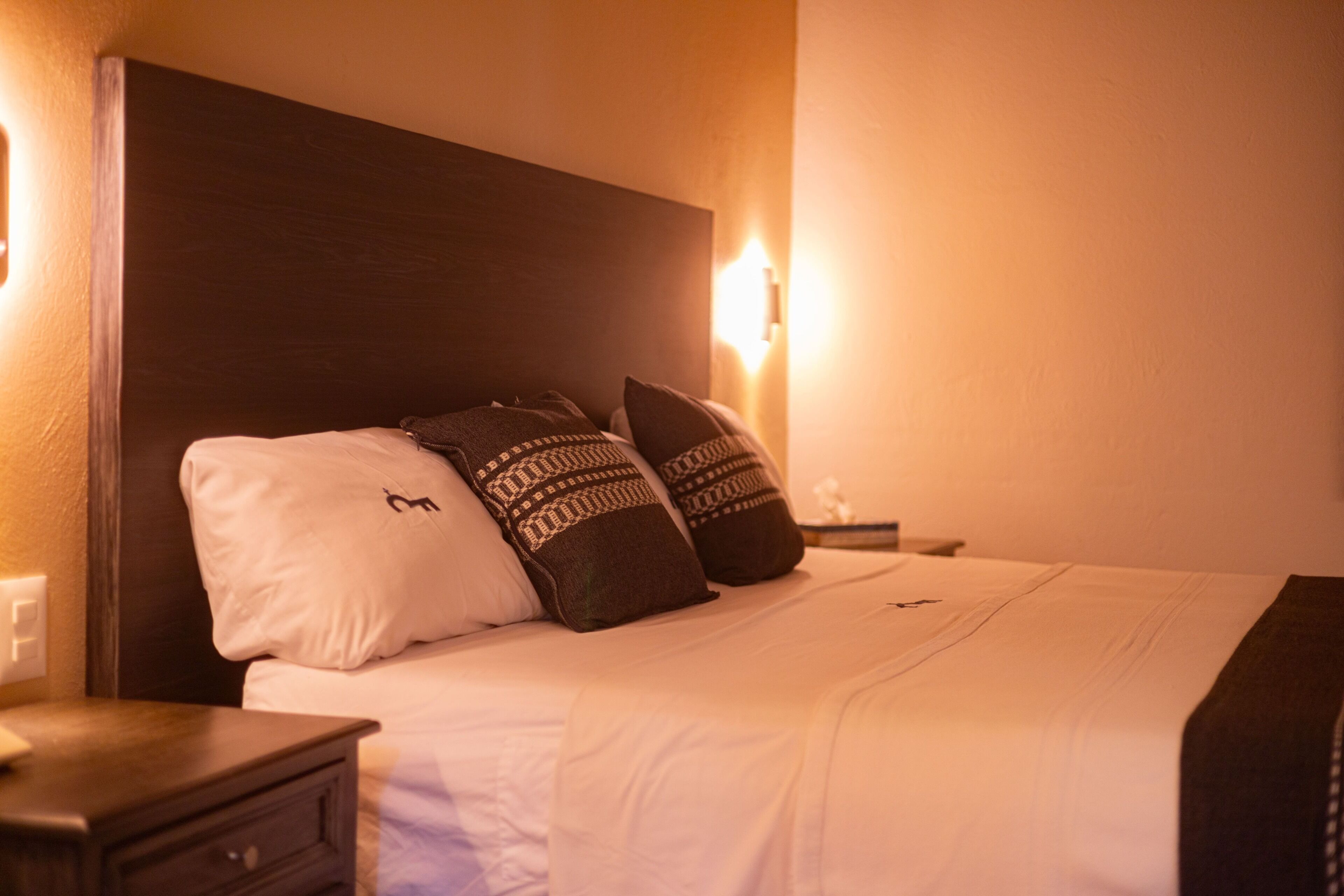 A neatly made bed with a dark headboard, two patterned pillows, and a bedside lamp.