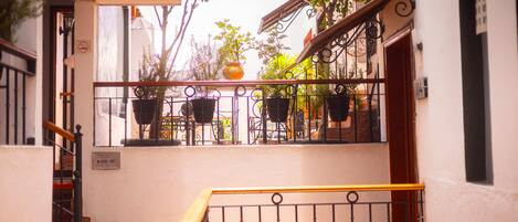 A balcony with a metal railing, potted plants, and a view of the street below.