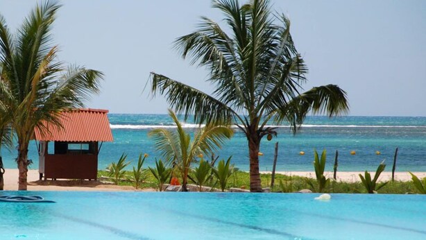 Una piscina con vistas al océano y palmeras.