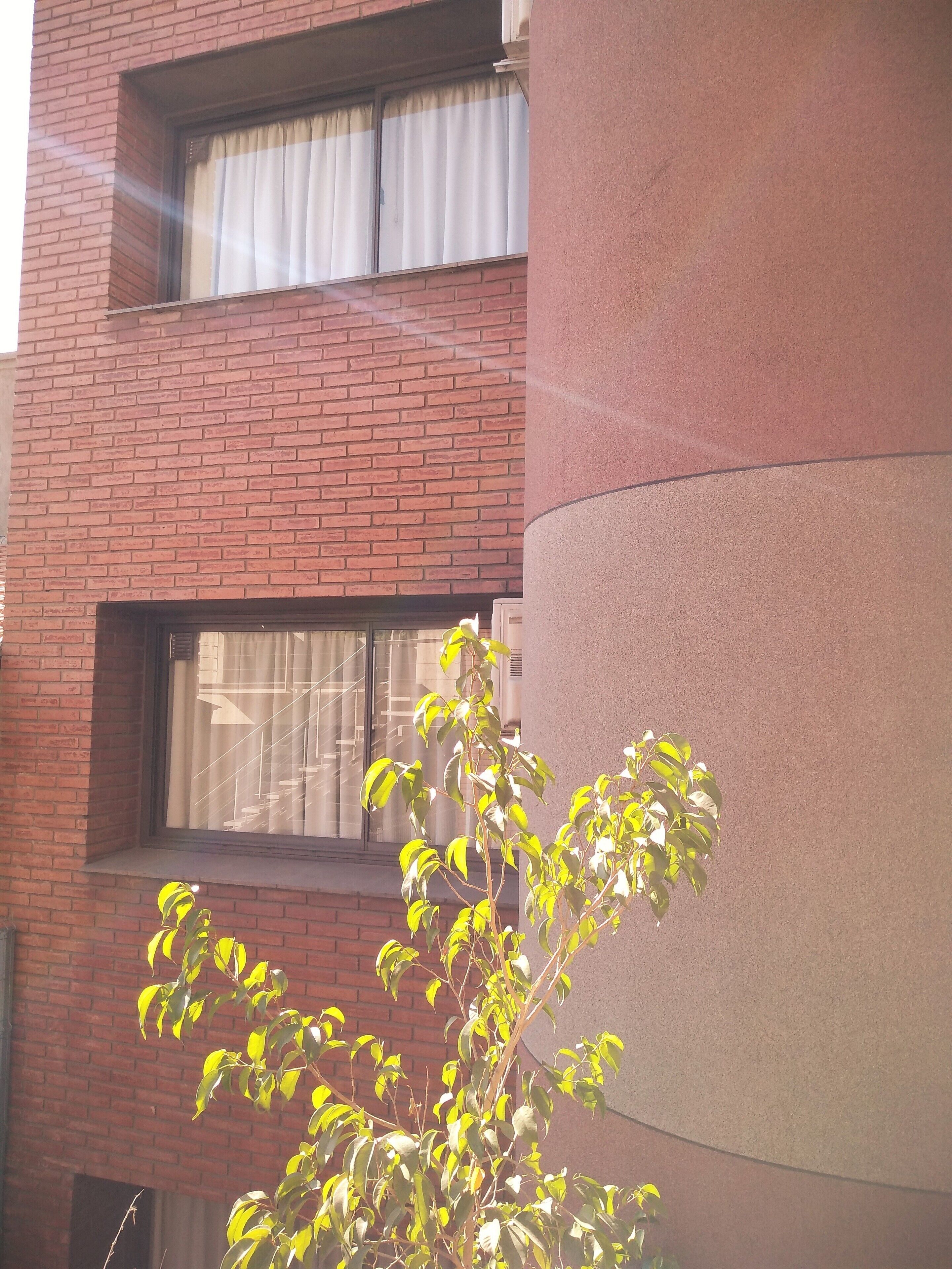 A building with a brick facade and a window with curtains.