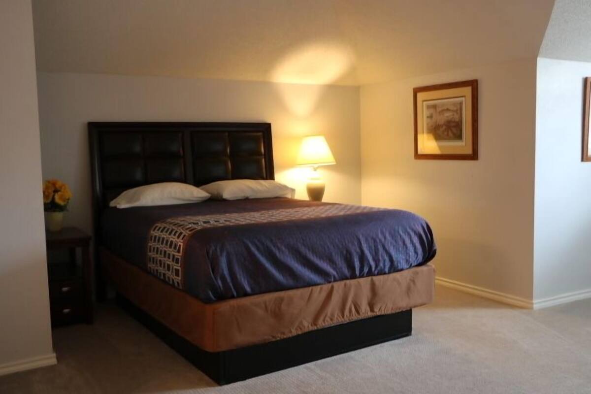 Una cama bien tendida con cabecera, una lámpara de noche y un cuadro en la pared.
