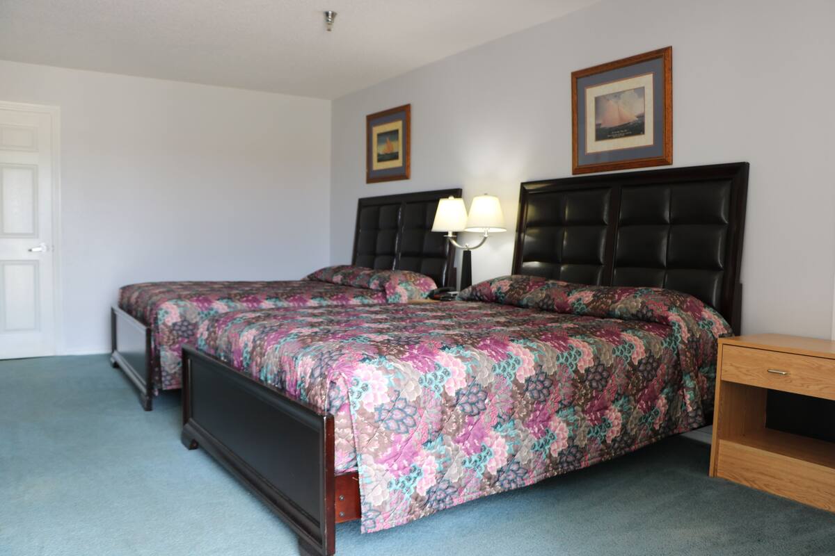 Un dormitorio con una cama doble, una mesita de noche, una lámpara y dos cuadros en la pared.