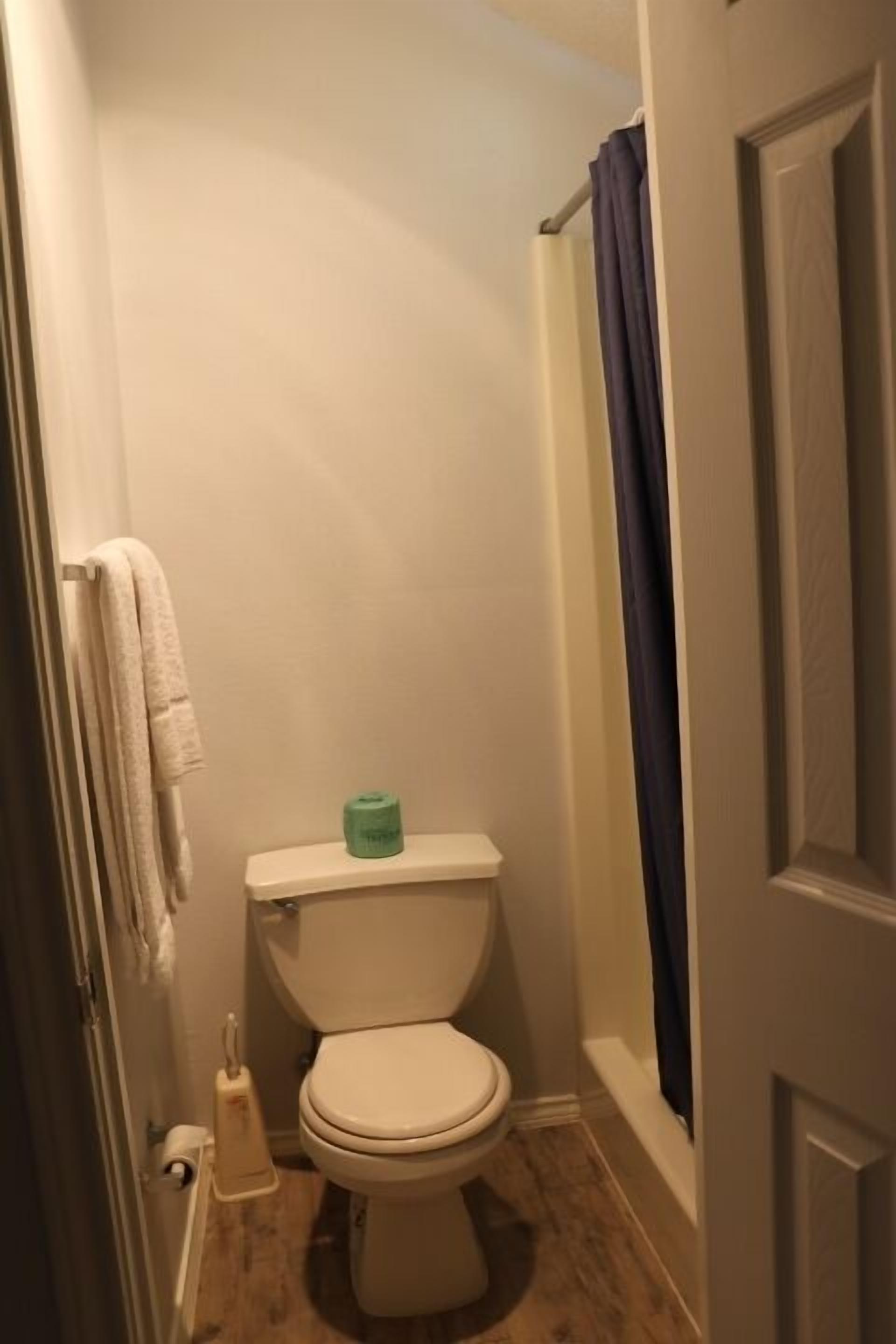 A small, compact bathroom with a toilet, a shower curtain, and a towel rack.