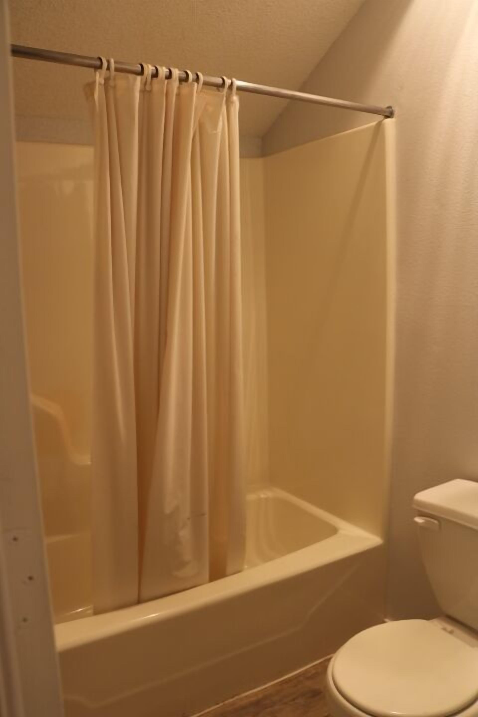 A bathroom with a shower enclosure, a bathtub, and a toilet.