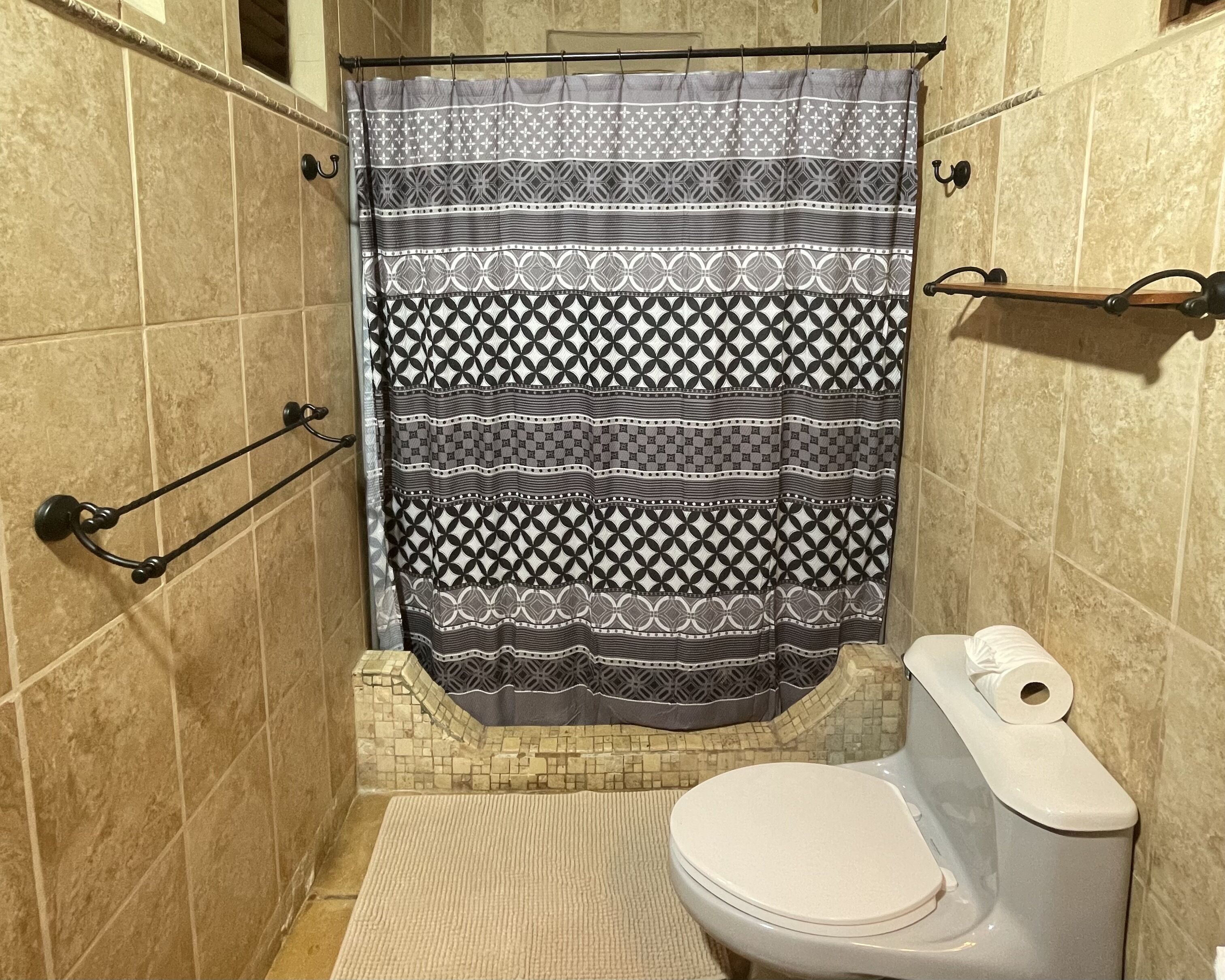 Ein Badezimmer mit einer duschvorhang mit Muster, einer Toilette und einer Haltestange.