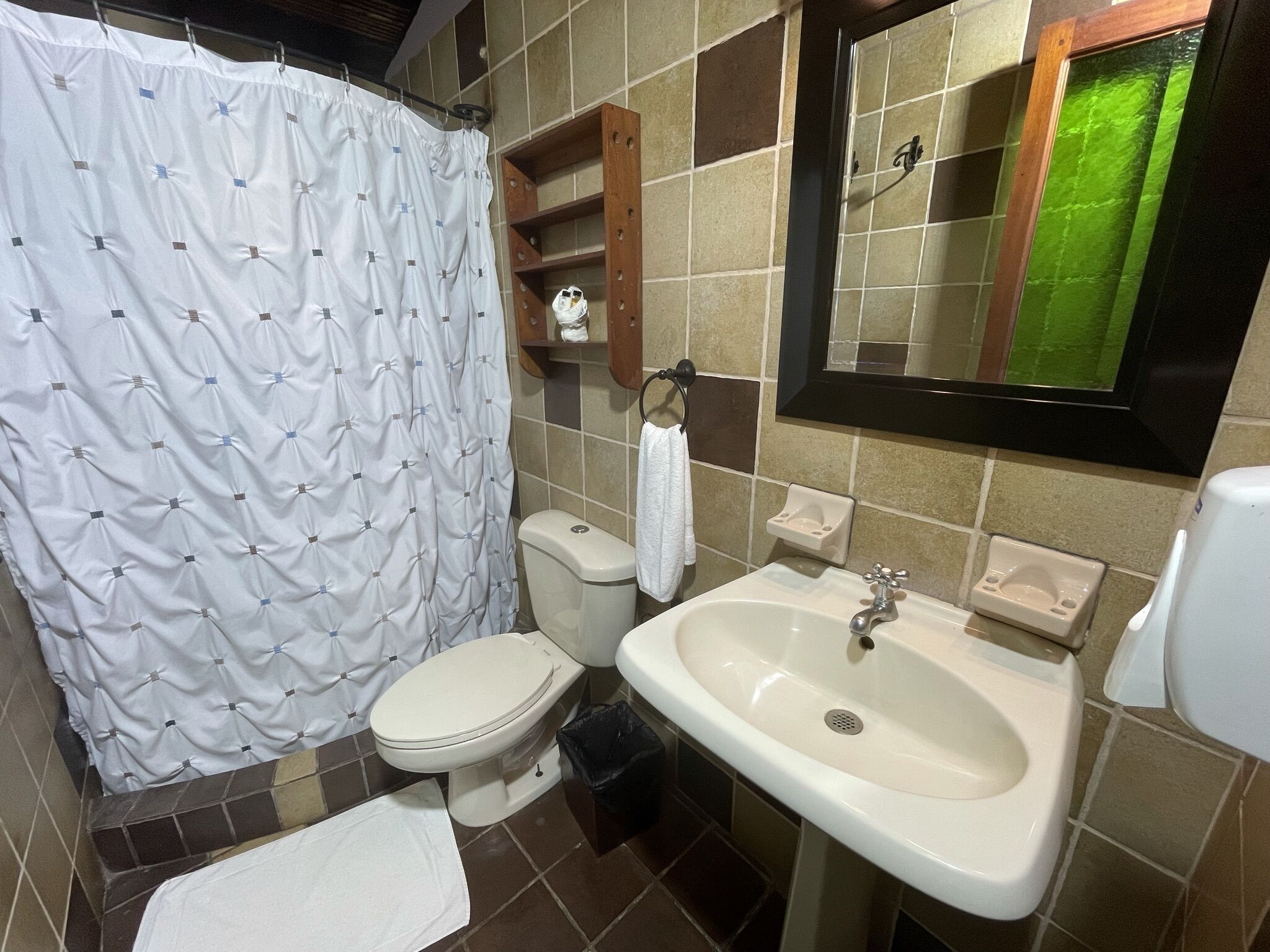 A bathroom with a toilet, sink, and shower curtain.