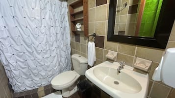 A bathroom with a toilet, sink, and shower curtain.