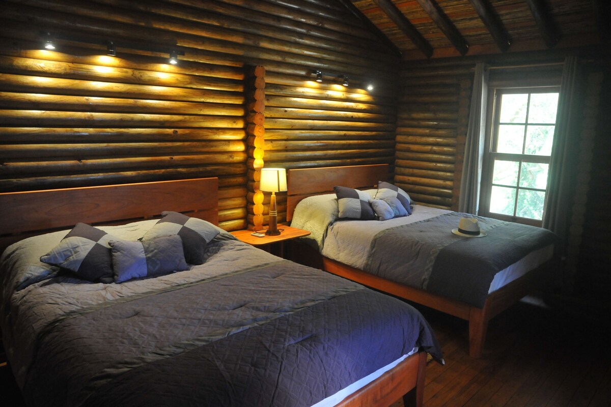 Une chambre de style rustique avec deux lits, des murs en bois, une fenêtre et une lampe.
