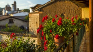 Un balcón con flores rojas, un muro de piedra y vistas a un paisaje urbano con una torre.