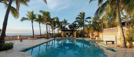 A swimming pool with palm trees and a view of the ocean.