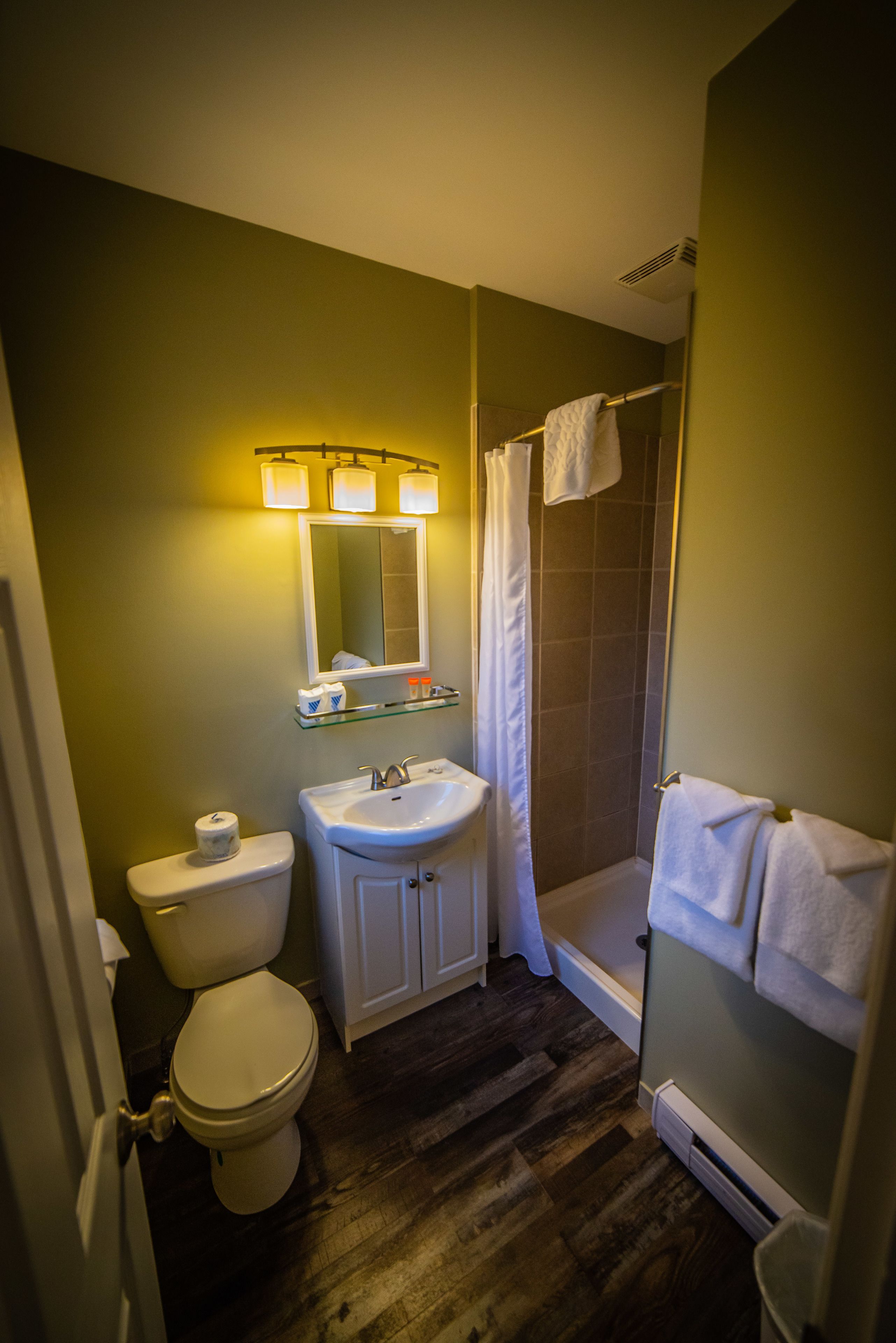 A bathroom with a toilet, sink, and shower.