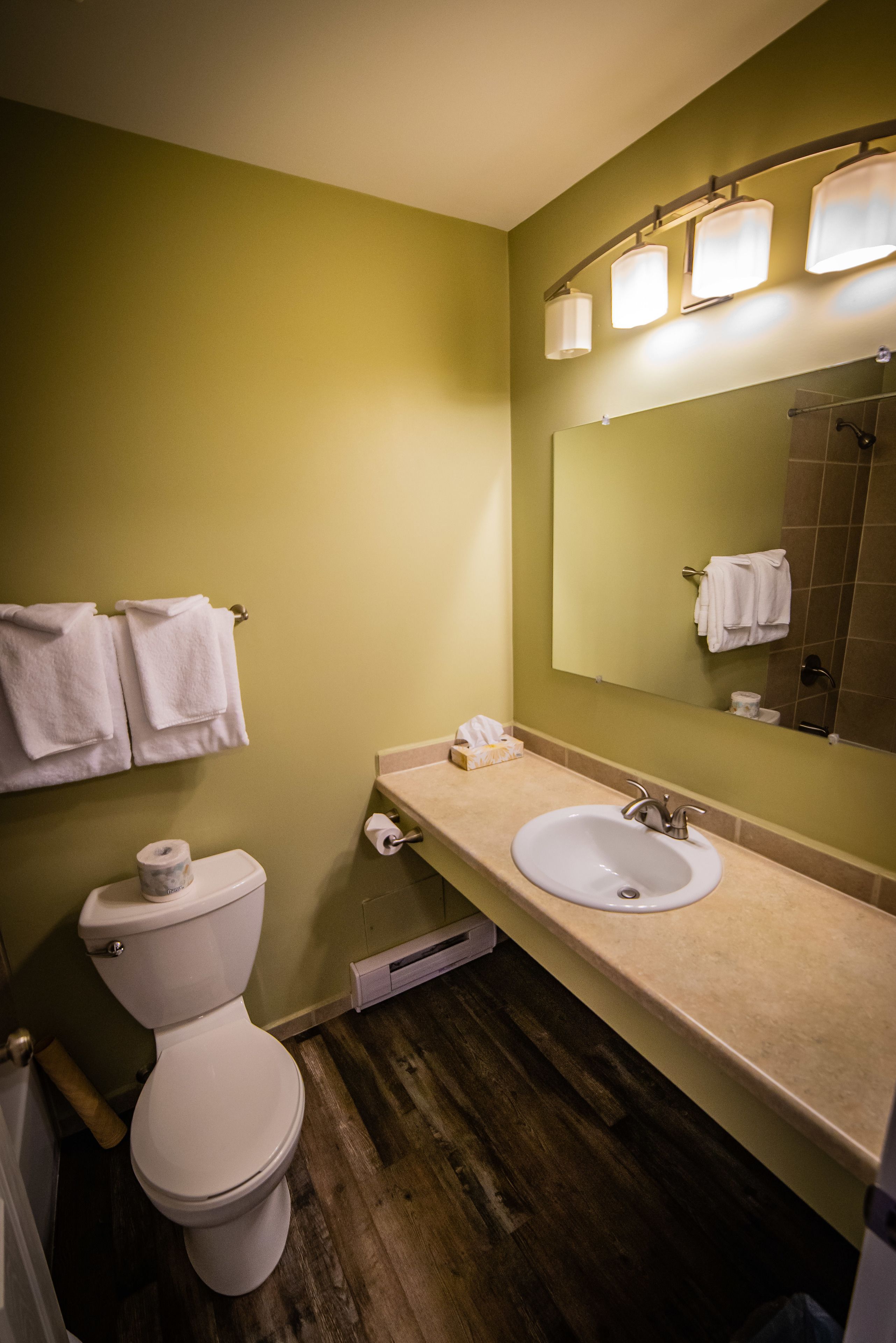 Ein Badezimmer mit Toilette, Waschbecken und Spiegel.