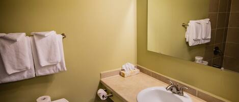 Ein Badezimmer mit Toilette, Waschbecken und Spiegel.