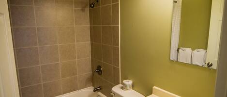 Une salle de bain avec une baignoire, des toilettes et un lavabo.