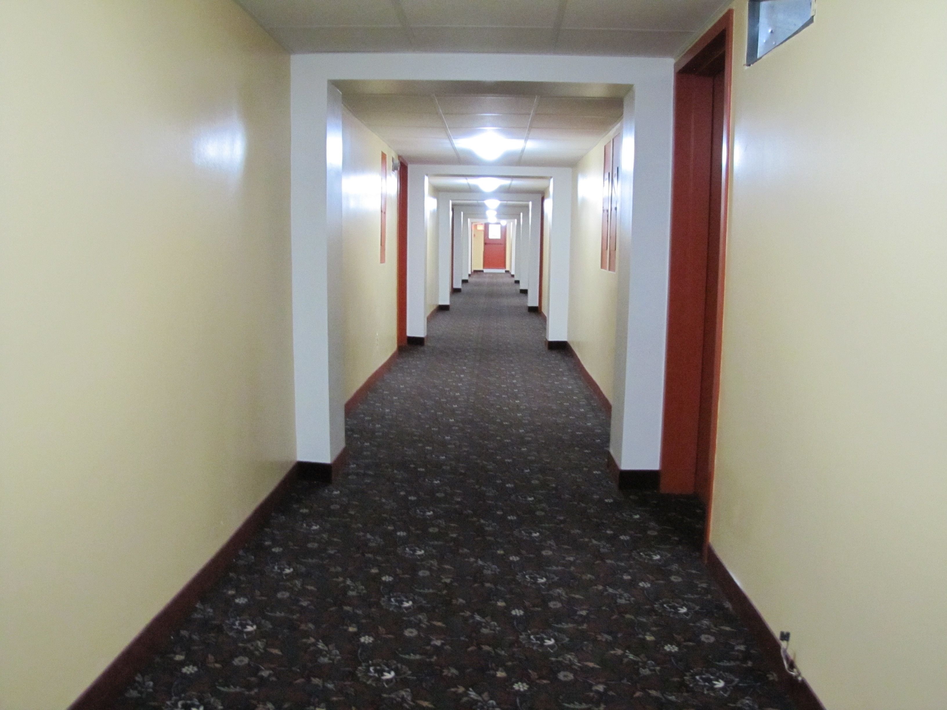 Un pasillo largo y estrecho con pisos alfombrados y puertas a ambos lados.
