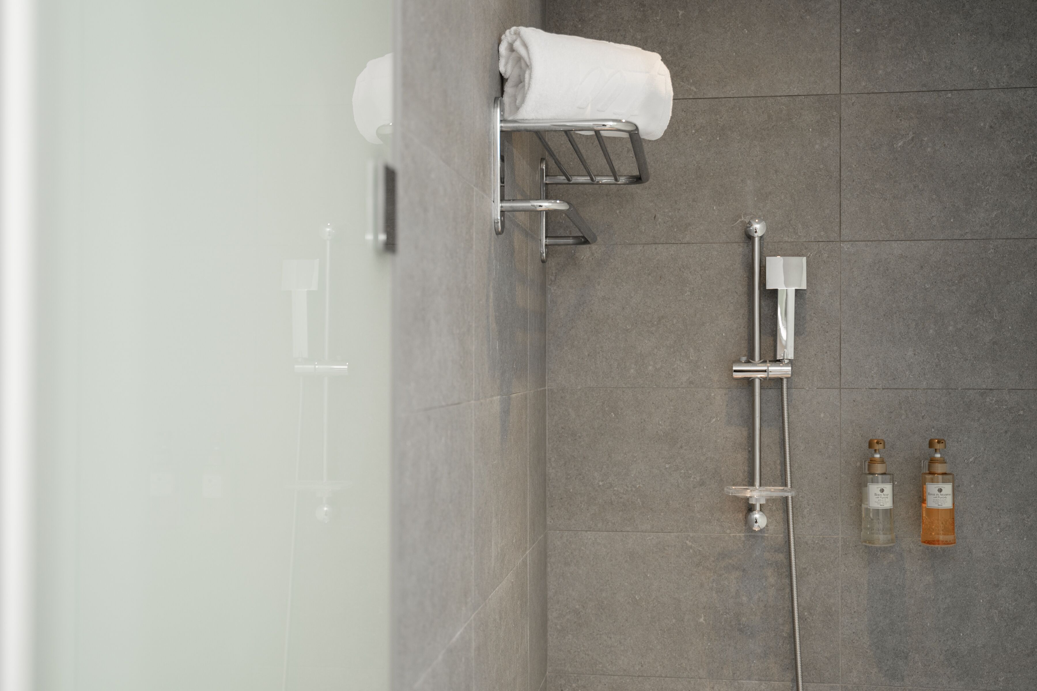 A modern bathroom with a glass shower enclosure, a towel rack, and two bottles of soap.