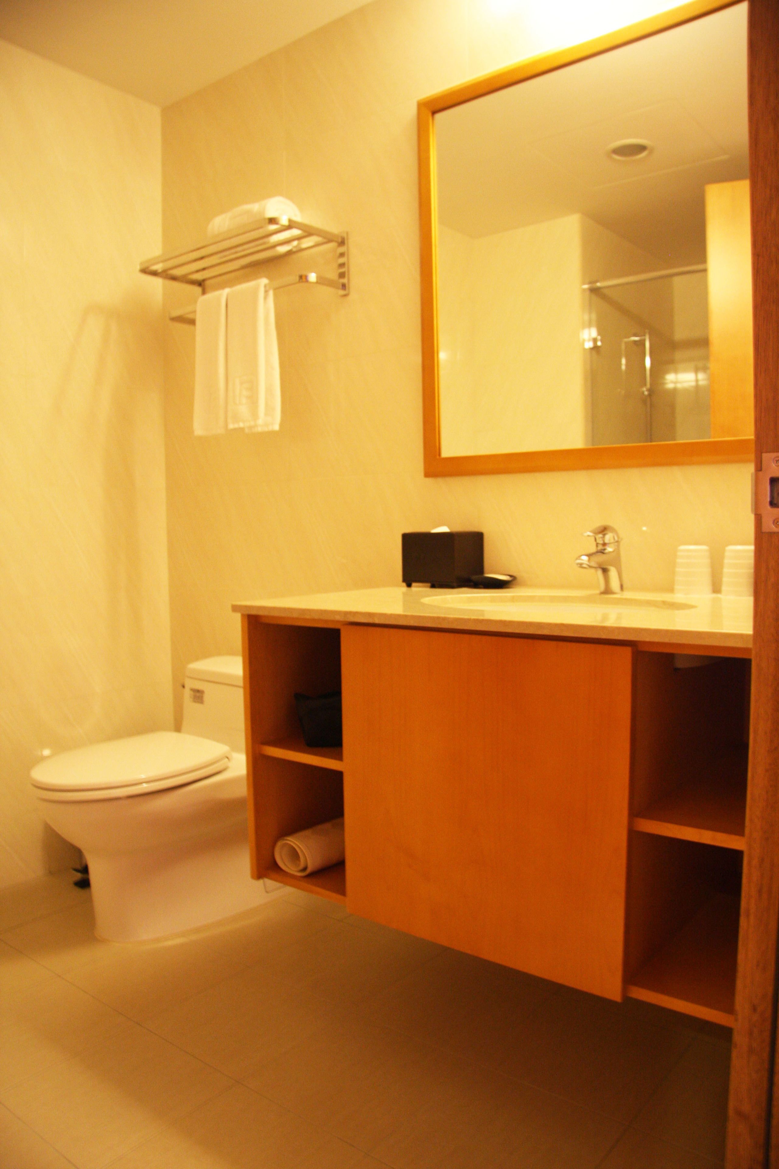 A bathroom with a toilet, sink, mirror, and towel rack.