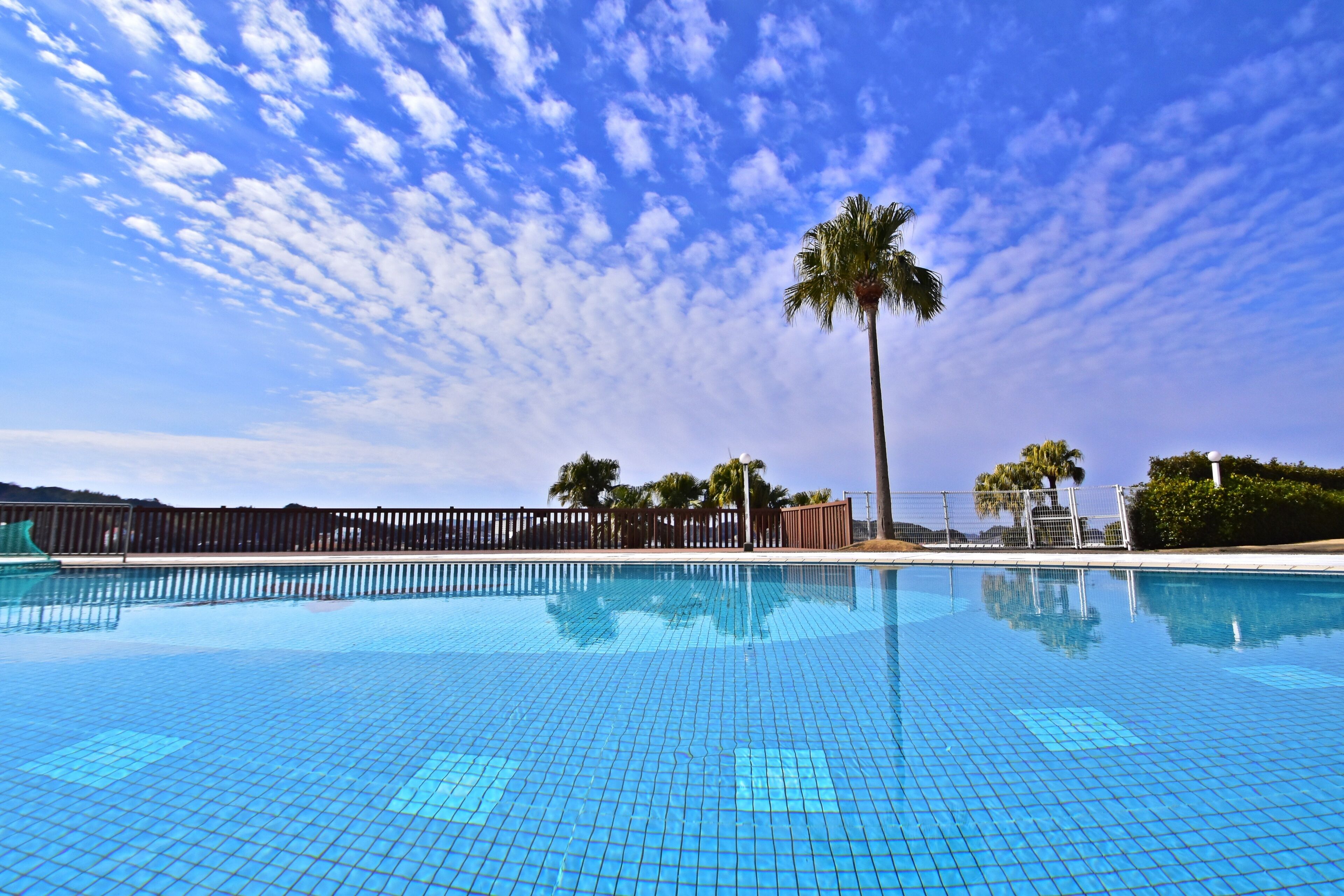 Piscina azul clara con borde de azulejos, rodeada por una valla y palmeras bajo un cielo parcialmente nublado.