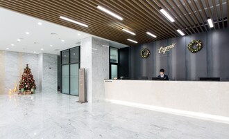 Zona de recepción de hotel con un árbol de Navidad, un mostrador de recepción y una pared con el nombre del hotel y un adorno festivo.