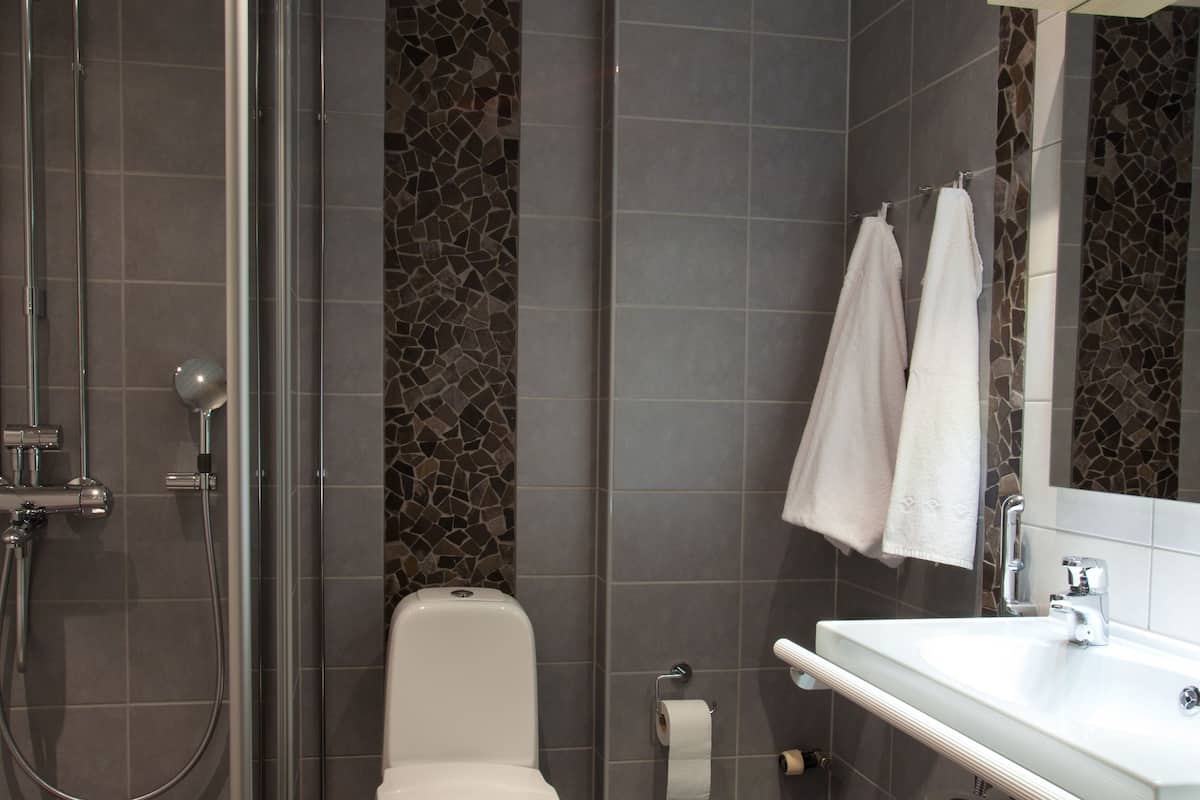 superior single room | bathroom | shower, hair dryer, towels