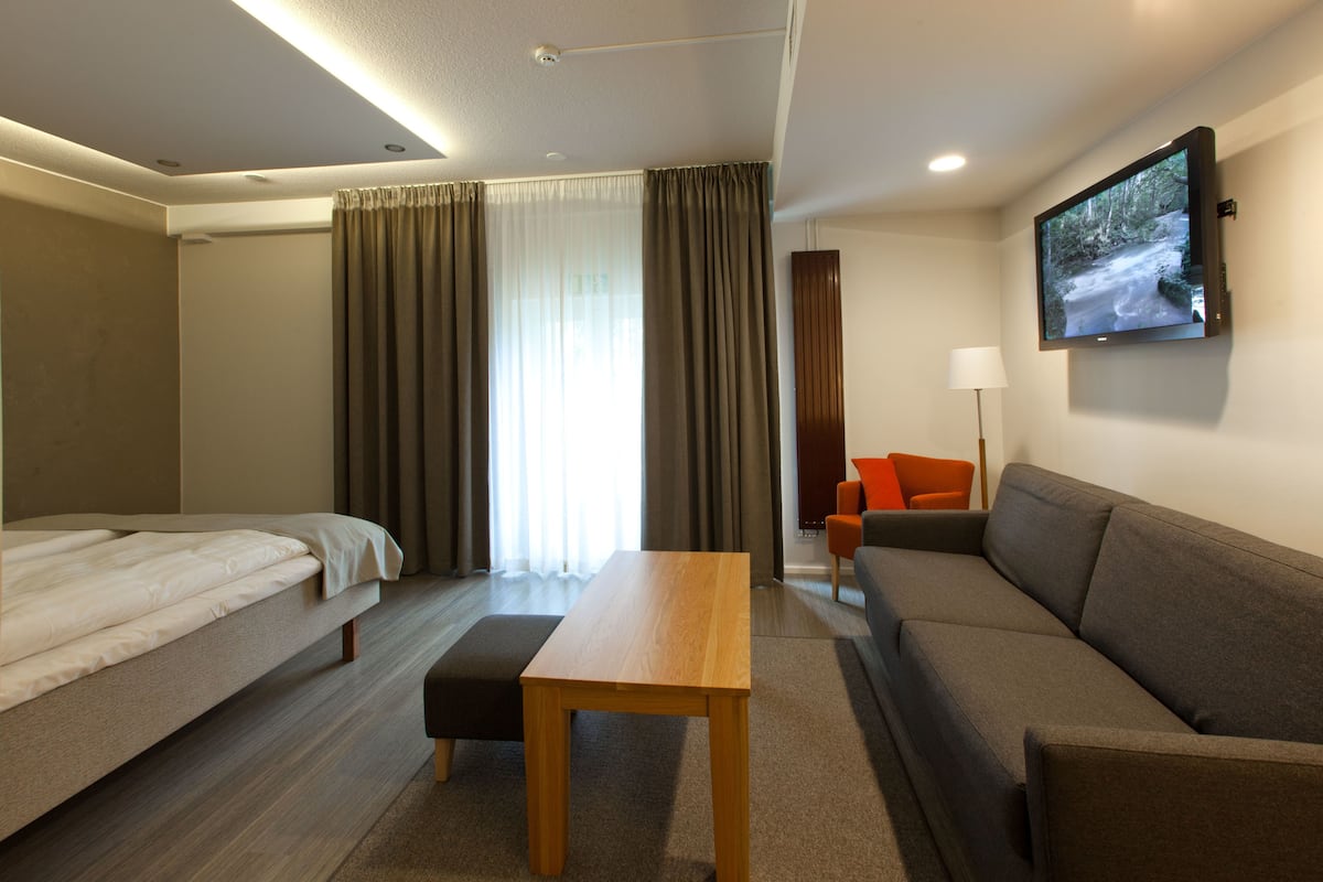 Suite, sauna, uitzicht op meer | Luxe beddengoed, een bureau, een strijkplank/strijkijzer, gratis wifi