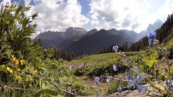 A mountainous landscape with a clear sky and a valley.