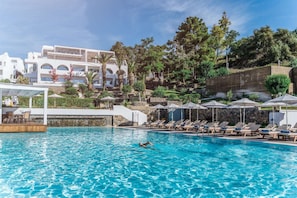 Indoor pool, outdoor pool, open 10:00 AM to 7:00 PM, pool umbrellas