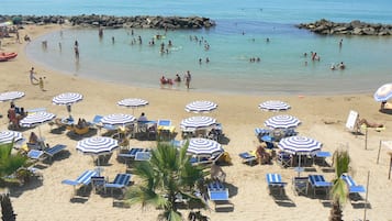 On the beach, sun-loungers, beach umbrellas, beach towels