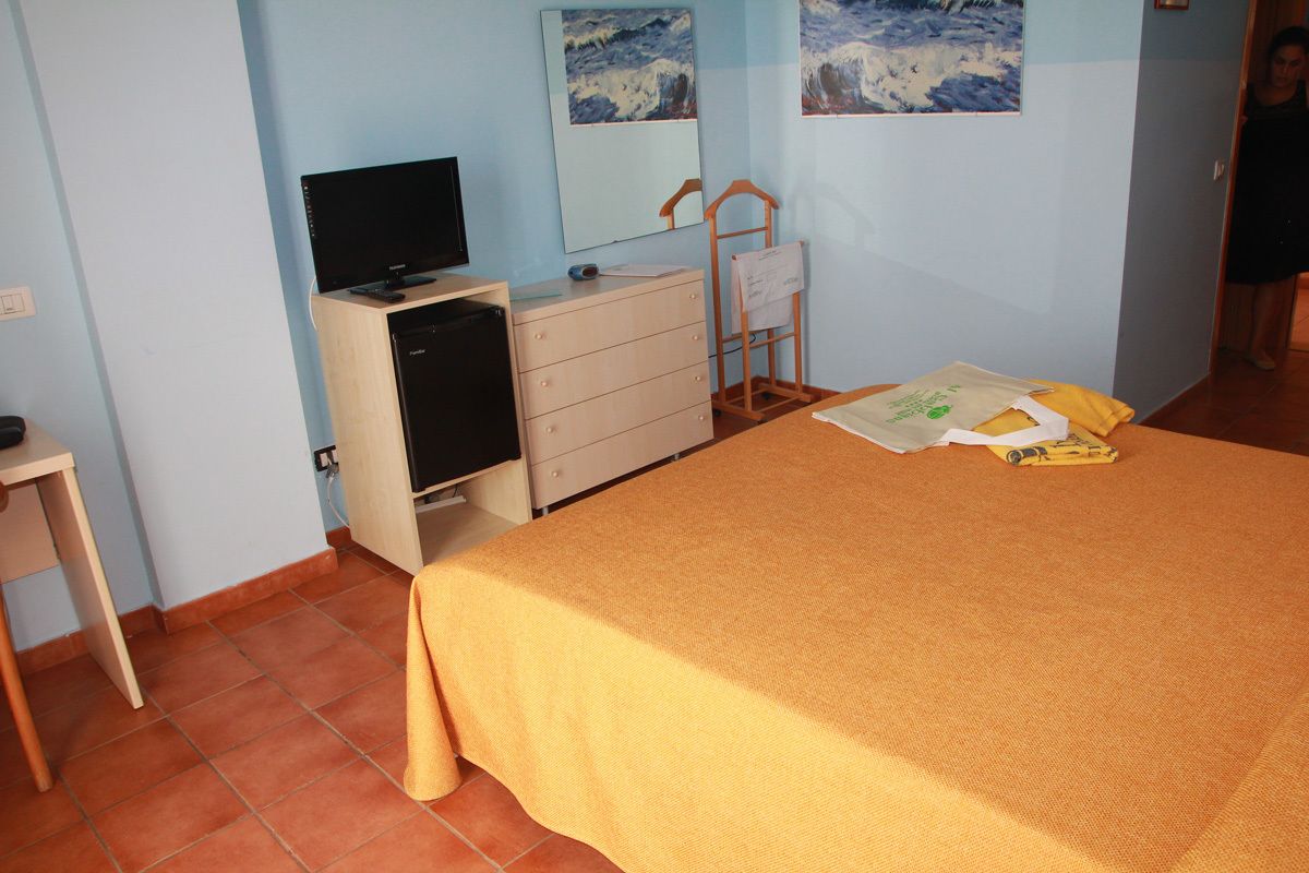 A bedroom with a bed, a television, a dresser, and a mirror.