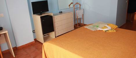 A bedroom with a bed, a television, a dresser, and a mirror.