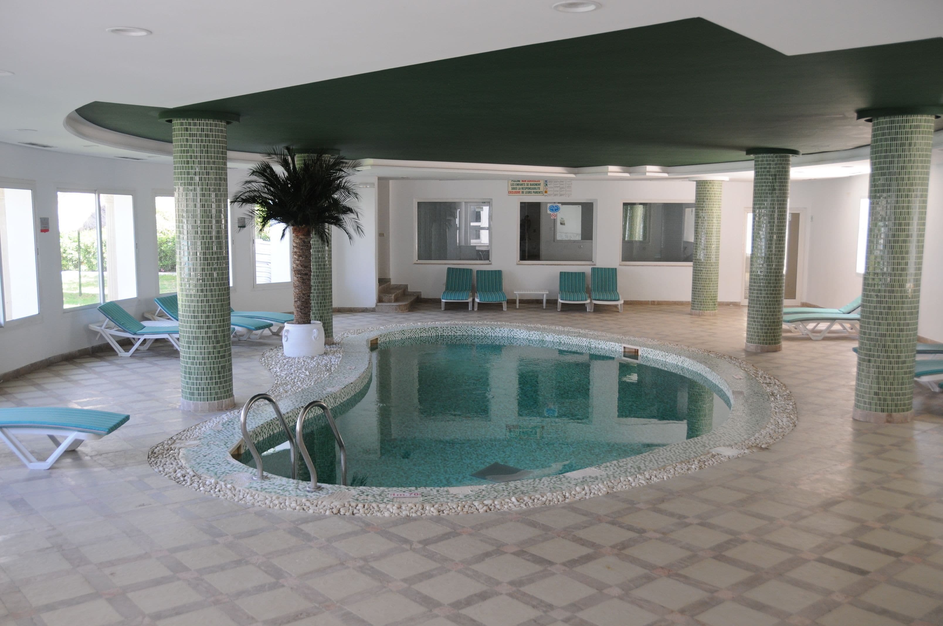 An indoor swimming pool with lounge chairs and a palm tree.