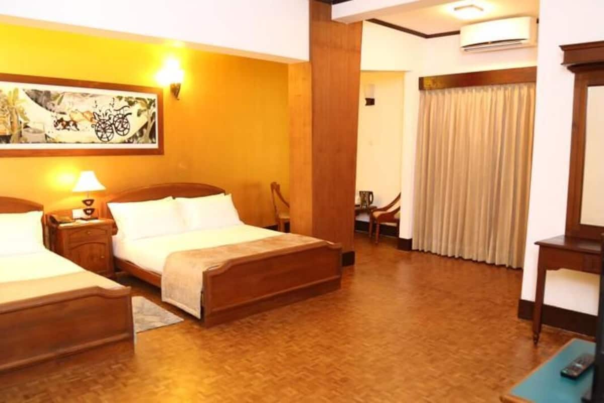 Habitación de hotel con dos camas, un escritorio, una silla, un televisor y un cuadro en la pared.