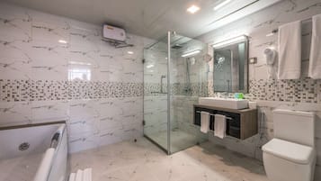A modern bathroom with a glass-enclosed shower, a bathtub, a toilet, and a vanity with a mirror and towel rack.