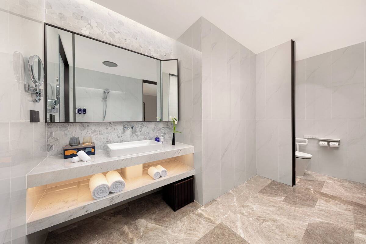 Ein modernes Badezimmer mit Marmorwaschtisch, großem Spiegel, Dusche und Toilette.