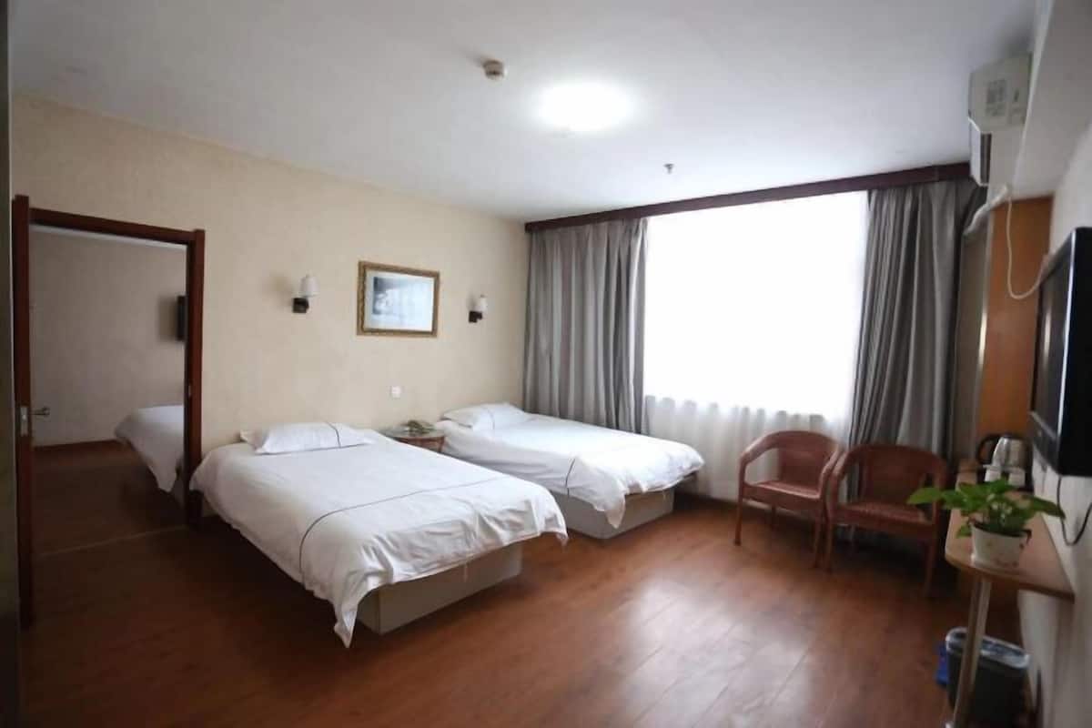 A hotel room with two beds, a chair, a small table with a plant, and a TV.